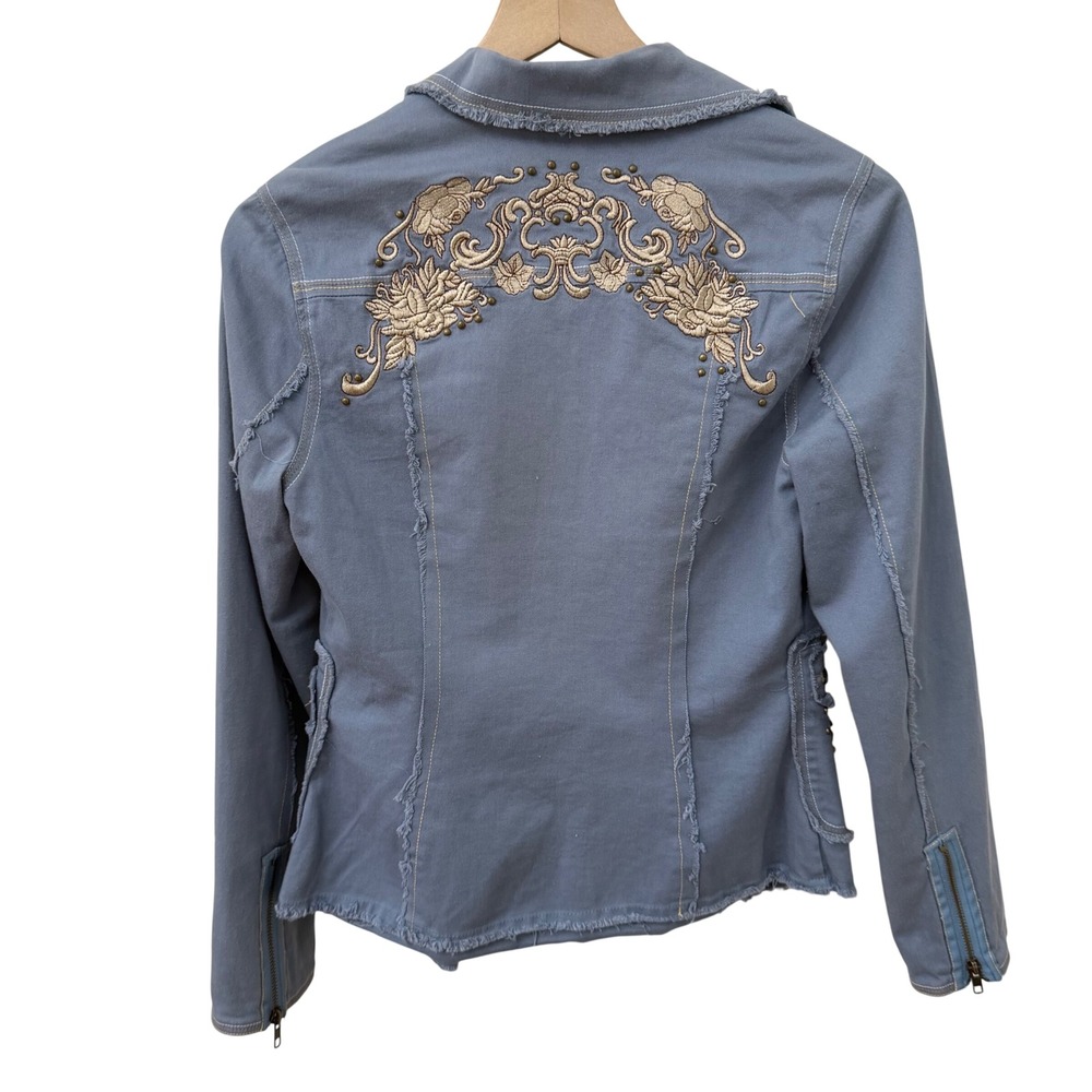 Love Stitch Blazer Jacket Medium Blue Embroidered Studded Distressed Frayed Boho
